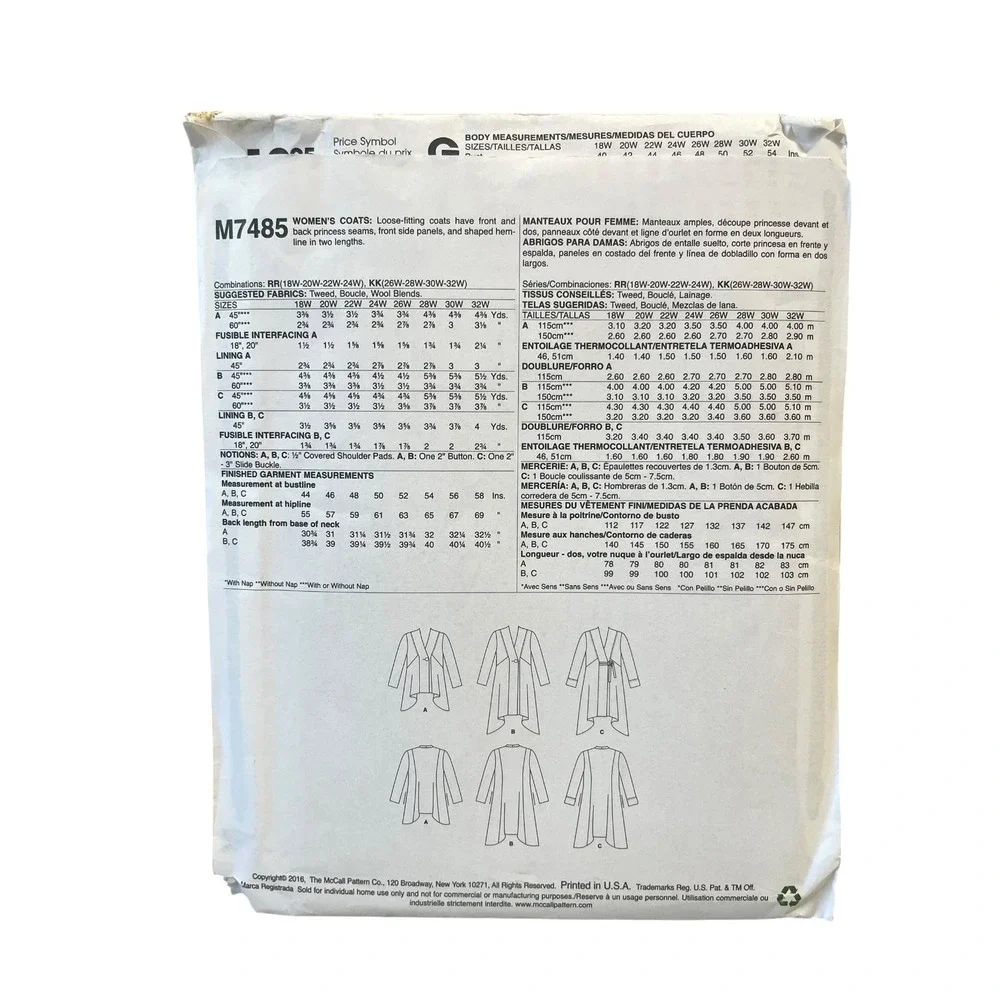 McCall's M7485 Women's Coats Plus Size 26W-32W Shaped Hem Khaliyah Ali